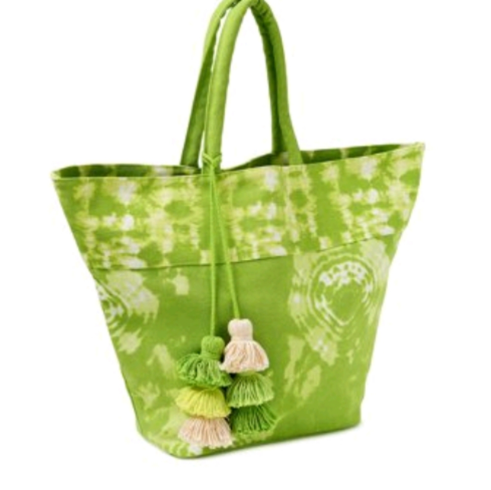 NWT Time and Tru Green Tote Bag w/ Pom Pom Tassel - Picture 2 of 5